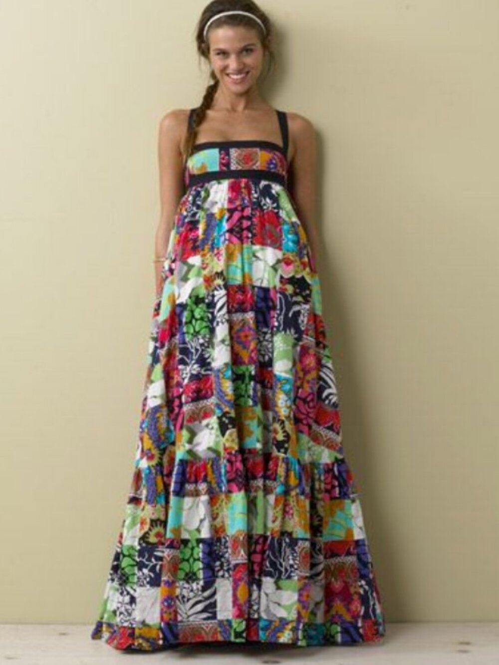 J. Crew Collection 2007 Sz. 6 100% Cotton Talitha Multi Patchwork Maxi Dress Vtg